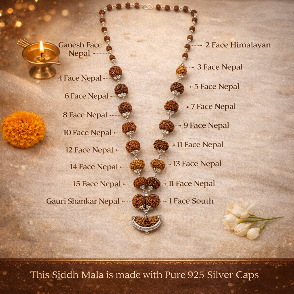 A premium Sarva Siddh Rudraksha Mala featuring 14 distinct collector-grade beads, ranging from 1 to 14 Mukhi. Each large, natural Nepalese bead is separated by gold-capped spacers or traditional red silk knots, showcasing deep, well-defined mukhi lines and a rich mahogany texture.