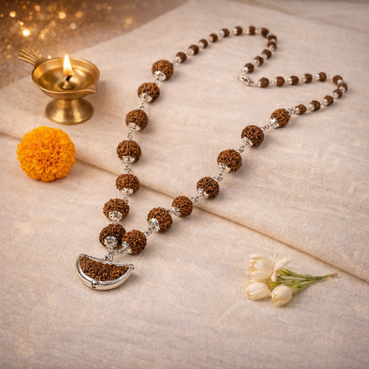 A premium Sarva Siddh Rudraksha Mala featuring 14 distinct collector-grade beads, ranging from 1 to 14 Mukhi. Each large, natural Nepalese bead is separated by gold-capped spacers or traditional red silk knots, showcasing deep, well-defined mukhi lines and a rich mahogany texture.