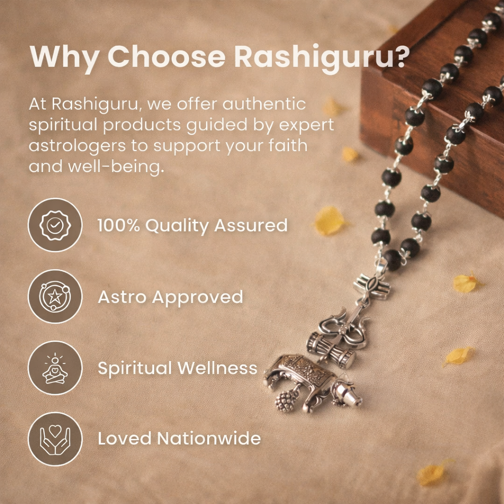 A sacred Shiv Raksha mala featuring 108 polished black Karungali (Ebony wood) beads. The mala is adorned with a detailed metallic pendant featuring Lord Shiva’s Trishul and Nandi the bull, symbolizing ultimate protection and devotion.