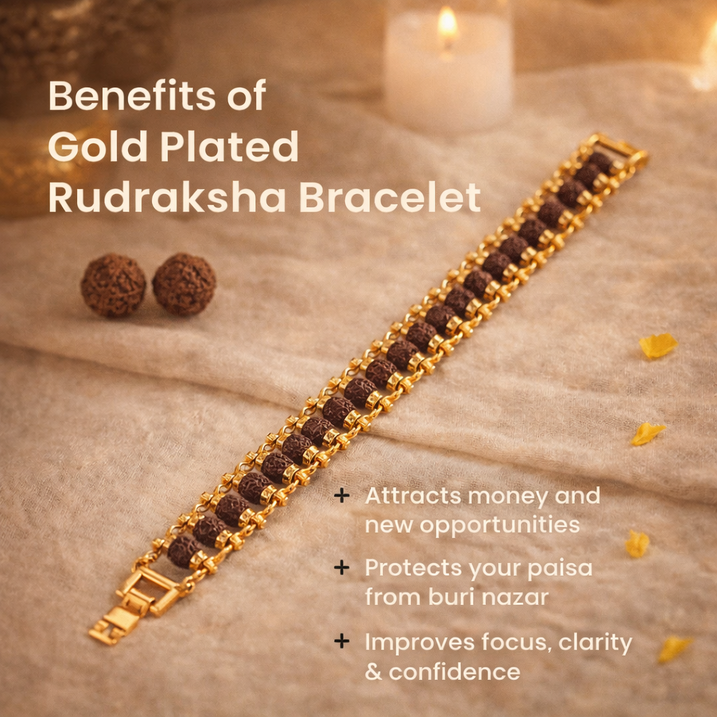 A premium Gold Plated Rudraksha bracelet featuring natural brown 5-faced (Panchmukhi) beads. Each bead is delicately encased in high-polish gold-plated caps and connected by a sturdy gold-toned chain, secured with a classic lobster claw clasp.