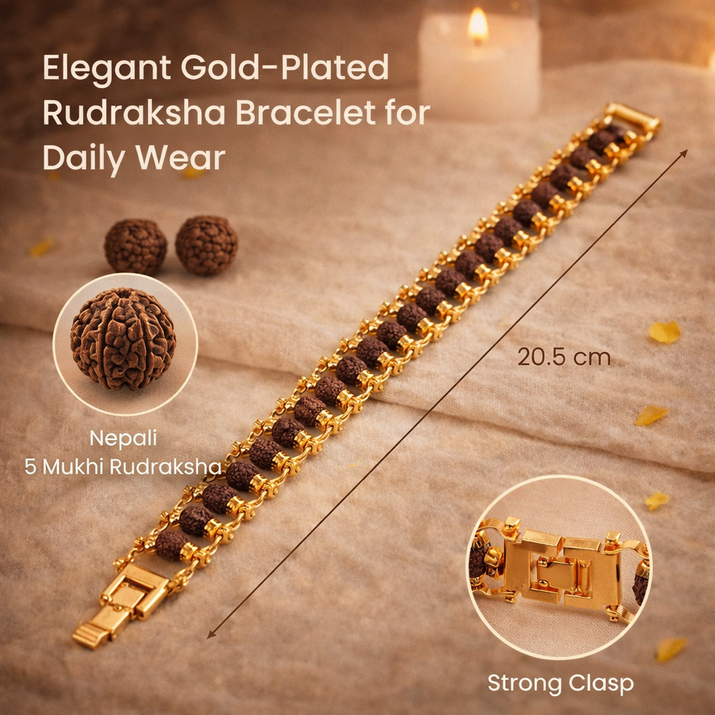 A premium Gold Plated Rudraksha bracelet featuring natural brown 5-faced (Panchmukhi) beads. Each bead is delicately encased in high-polish gold-plated caps and connected by a sturdy gold-toned chain, secured with a classic lobster claw clasp.