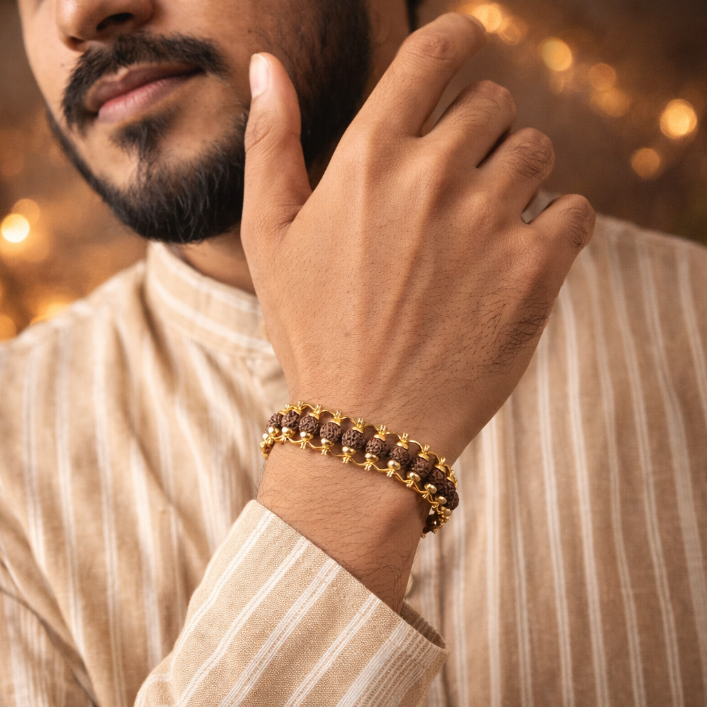 A premium Gold Plated Rudraksha bracelet featuring natural brown 5-faced (Panchmukhi) beads. Each bead is delicately encased in high-polish gold-plated caps and connected by a sturdy gold-toned chain, secured with a classic lobster claw clasp.