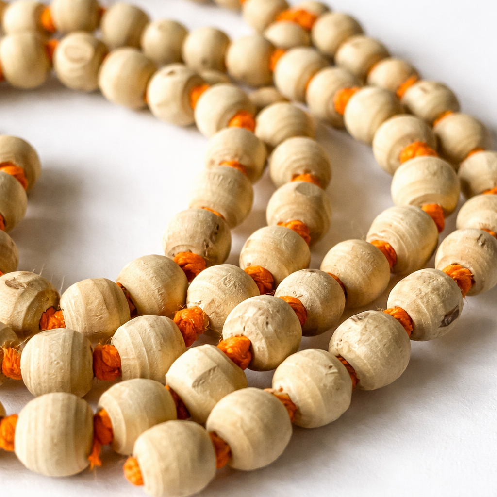 A handcrafted natural Tulsi Mala made from authentic light-brown basil wood beads, strung together with a traditional orange tassel. The beads show natural wood grain textures, symbolizing purity and devotion.