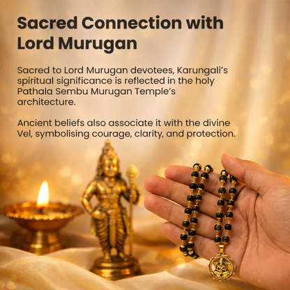 Handcrafted Gold-Plated Karungali Mala featuring natural black ebony wood beads and a detailed Lord Hanuman Kavach pendant.