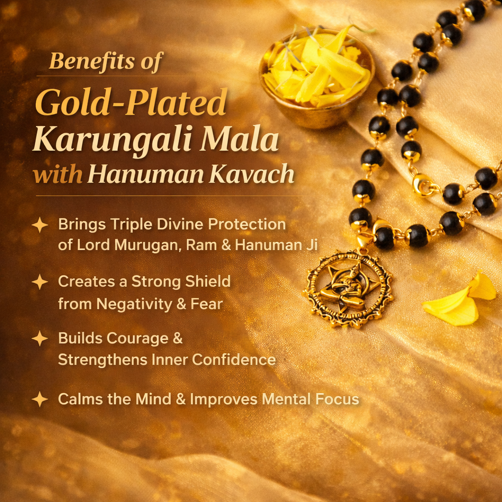 Handcrafted Gold-Plated Karungali Mala featuring natural black ebony wood beads and a detailed Lord Hanuman Kavach pendant.