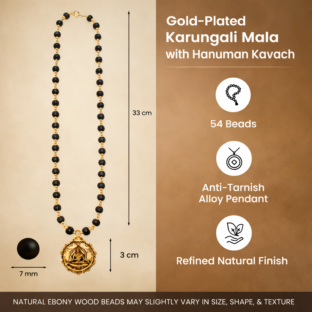 Handcrafted Gold-Plated Karungali Mala featuring natural black ebony wood beads and a detailed Lord Hanuman Kavach pendant.
