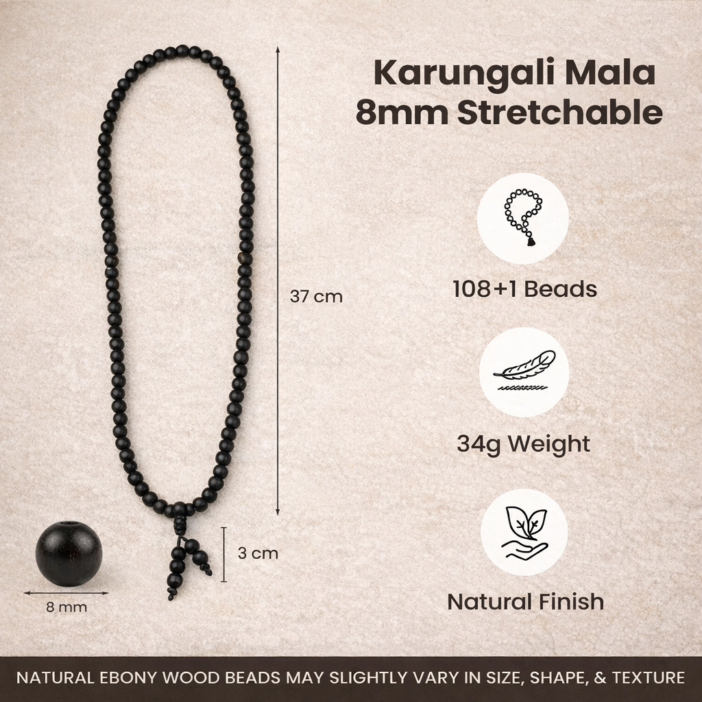 Natural 8mm Karungali Malai featuring 108+1 stretchable black ebony wood beads for spiritual meditation and daily wear