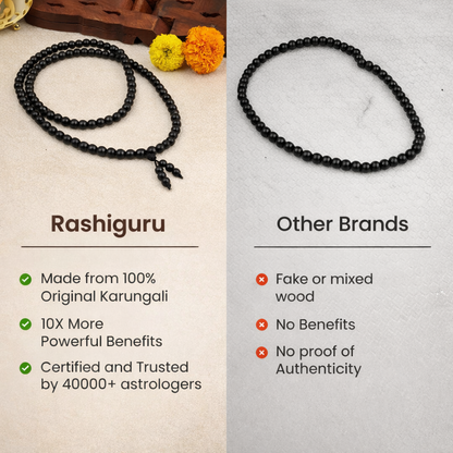 Natural 8mm Karungali Malai featuring 108+1 stretchable black ebony wood beads for spiritual meditation and daily wear