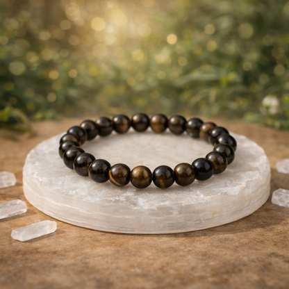 Natural Tiger Eye beaded bracelet resting on a raw white Selenite charging plate for cleansing and protection.