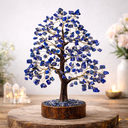 Natural Lapis Lazuli gemstone healing tree with golden Pyrite flecks for enhancing intuition, wisdom, and mental clarity.