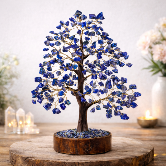Natural Lapis Lazuli gemstone healing tree with golden Pyrite flecks for enhancing intuition, wisdom, and mental clarity.