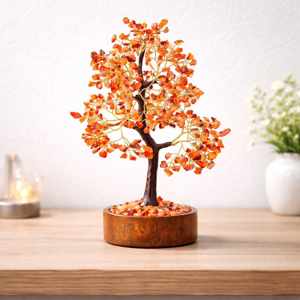 Natural Carnelian gemstone healing tree for boosting creativity, motivation, and Sacral Chakra balancing.