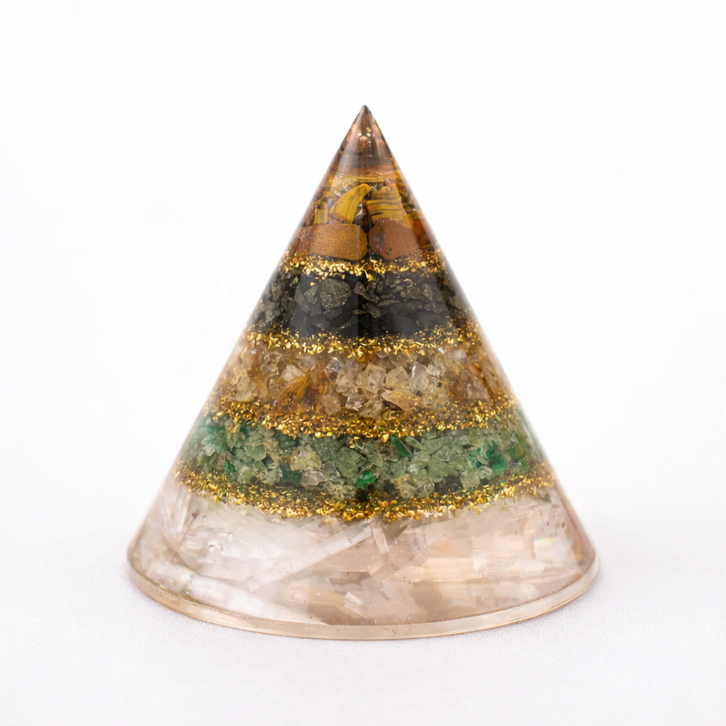 Conical Dhan Yog wealth-attracting pyramid resting on a natural white Selenite charging base for energy cleansing and prosperity.