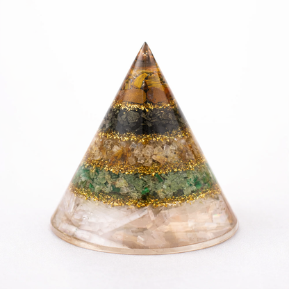 Conical Dhan Yog wealth-attracting pyramid resting on a natural white Selenite charging base for energy cleansing and prosperity.