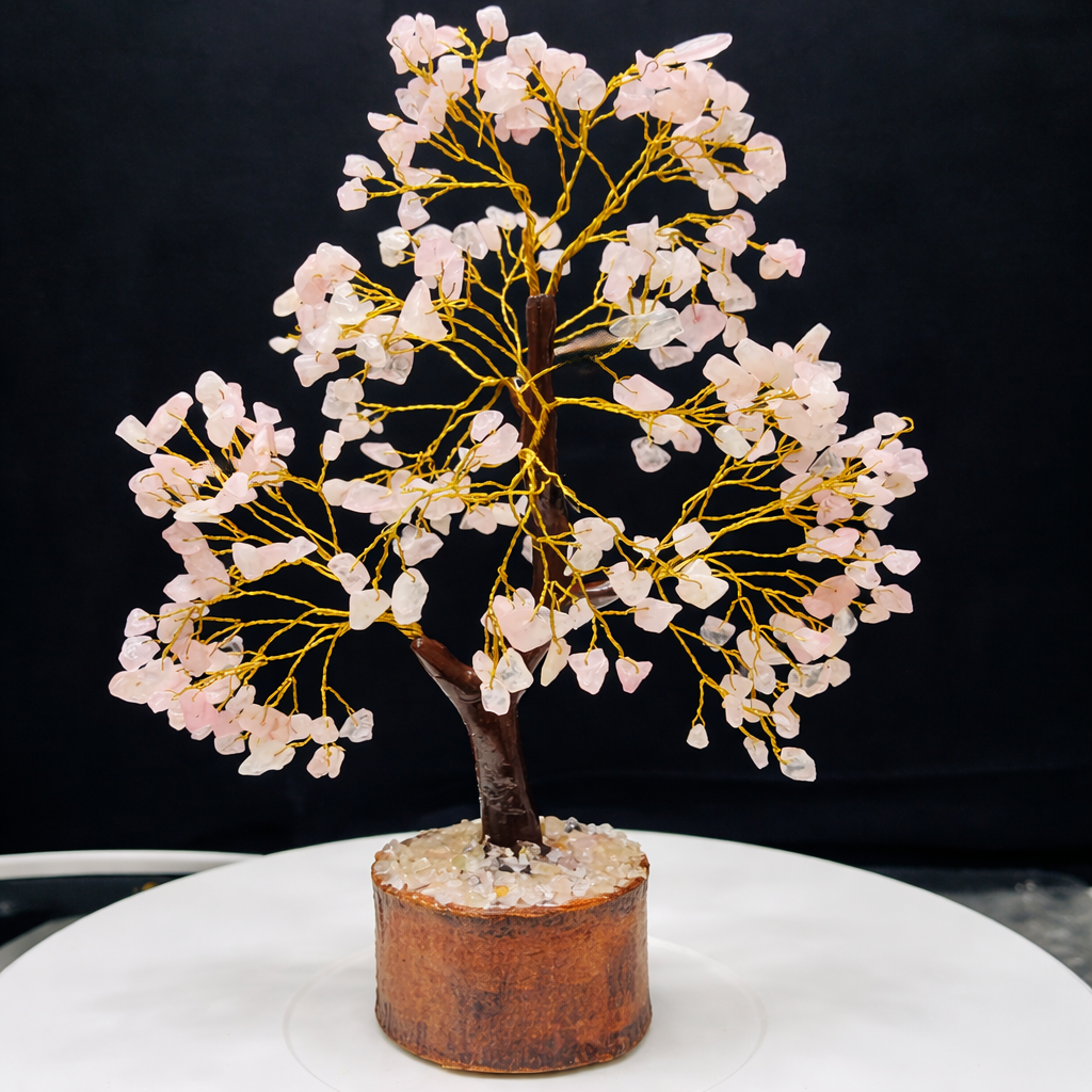 Natural Rose Quartz gemstone healing tree for Heart Chakra balancing, attracting love, and emotional healing.