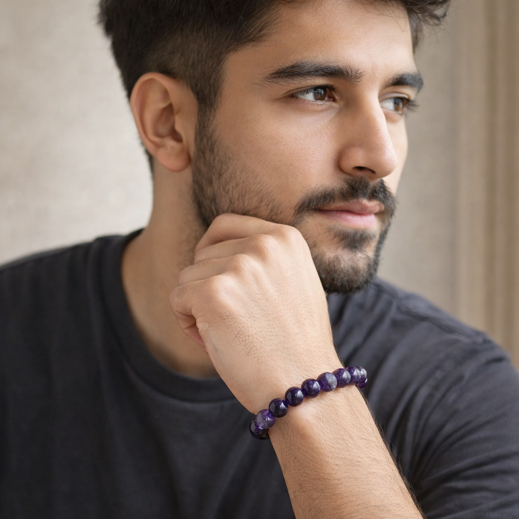 Two natural purple Amethyst beaded bracelets as a matching set for couples to promote peace, spiritual growth, and stress relief.