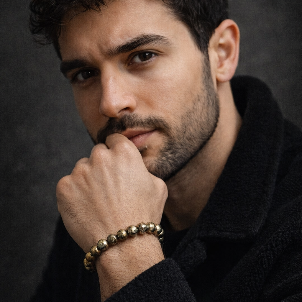 Premium Pyrite couple’s set featuring two matching beaded bracelets and two raw Pyrite anklets for wealth and protection.