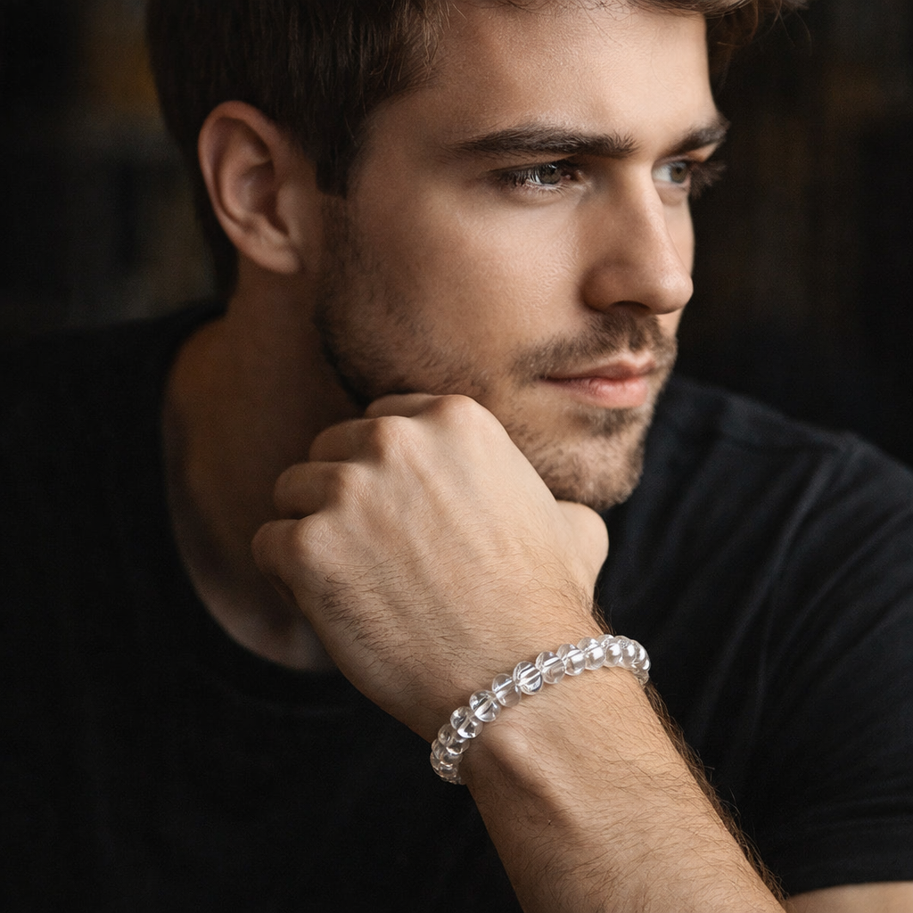 Two natural transparent Clear Quartz beaded bracelets as a matching set for couples to promote clarity, healing, and positive energy.