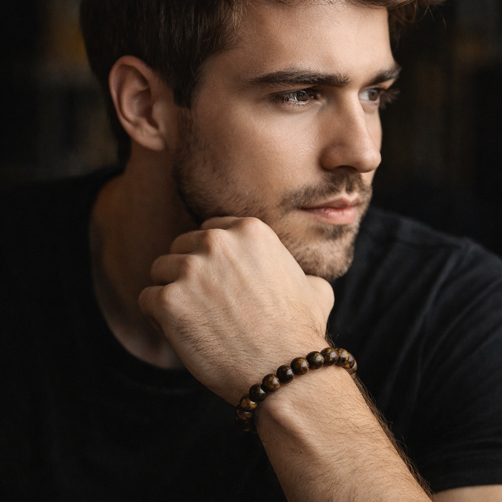 Two natural golden-brown Tiger's Eye beaded bracelets for couples, designed for protection, courage, and shared focus.
