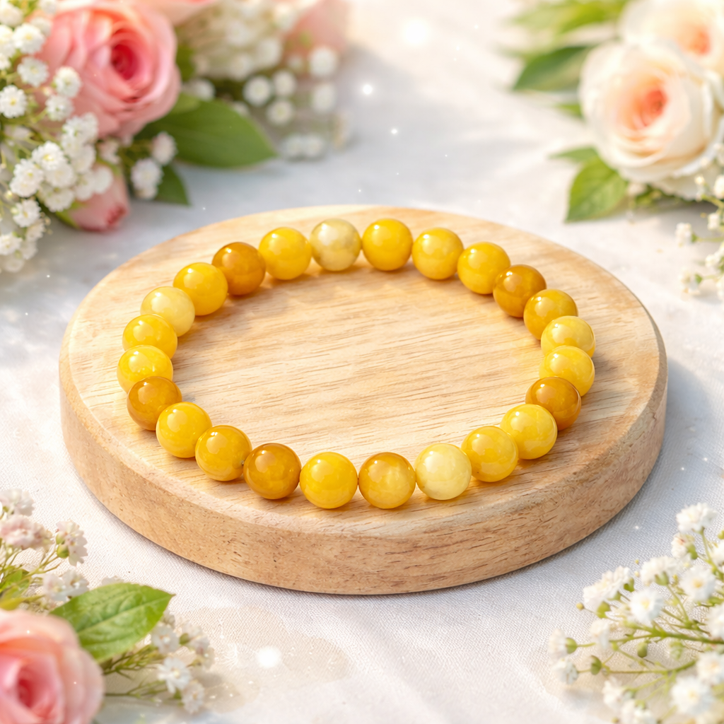 Natural Yellow Aventurine beaded bracelet resting on a raw white Selenite charging plate for energy boosting and cleansing.