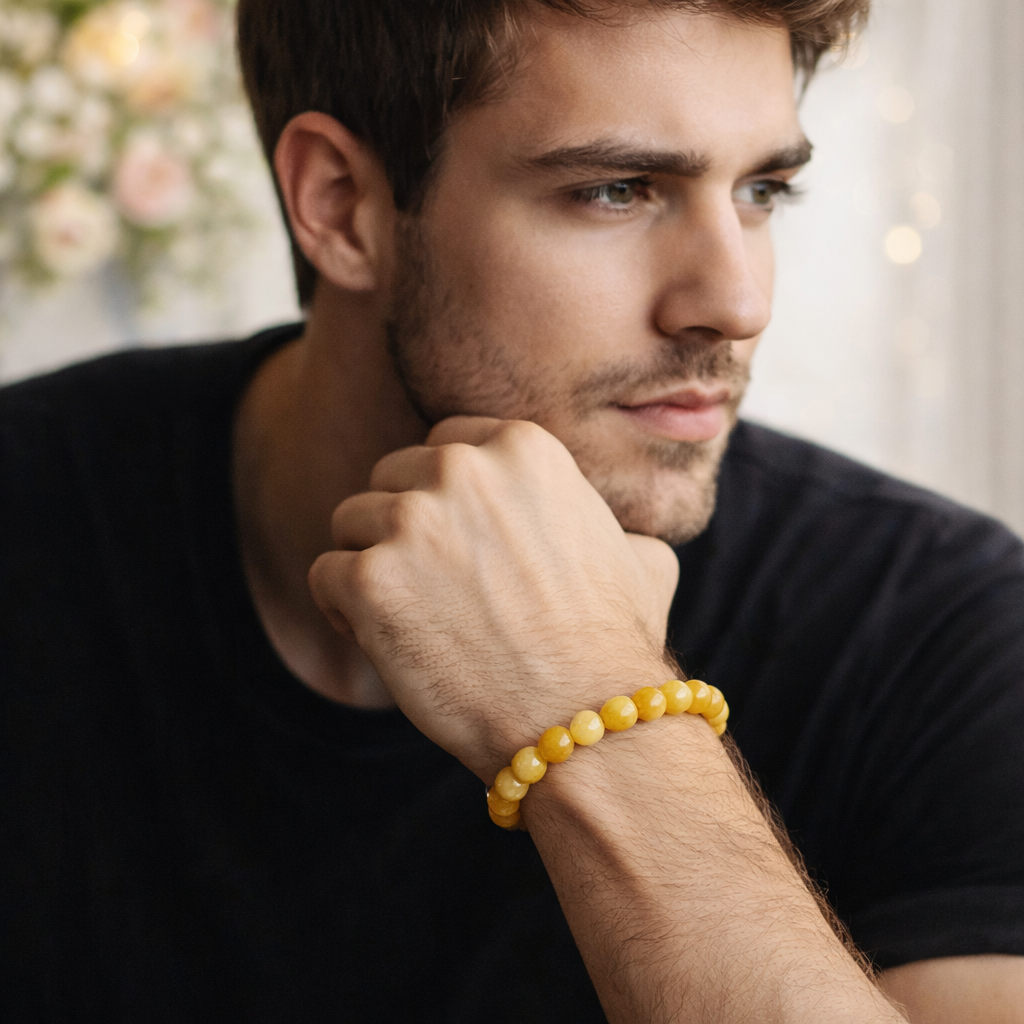 Two natural Yellow Aventurine beaded bracelets for couples, designed to boost confidence and shared success.