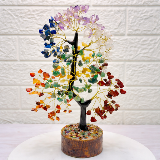 Seven Chakra gemstone healing tree featuring Amethyst, Lapis Lazuli, Clear Quartz, Green Aventurine, Yellow Citrine, Carnelian, and Red Jasper.