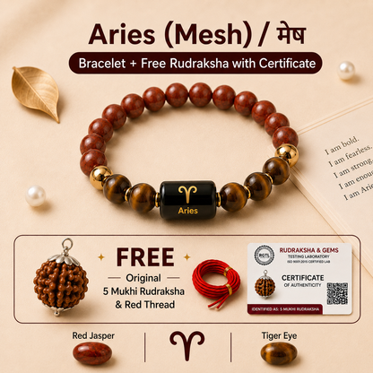 Aries (मेष राशि) Zodiac Red Jasper & Tiger Eye Bracelet  with Free Rudraksha