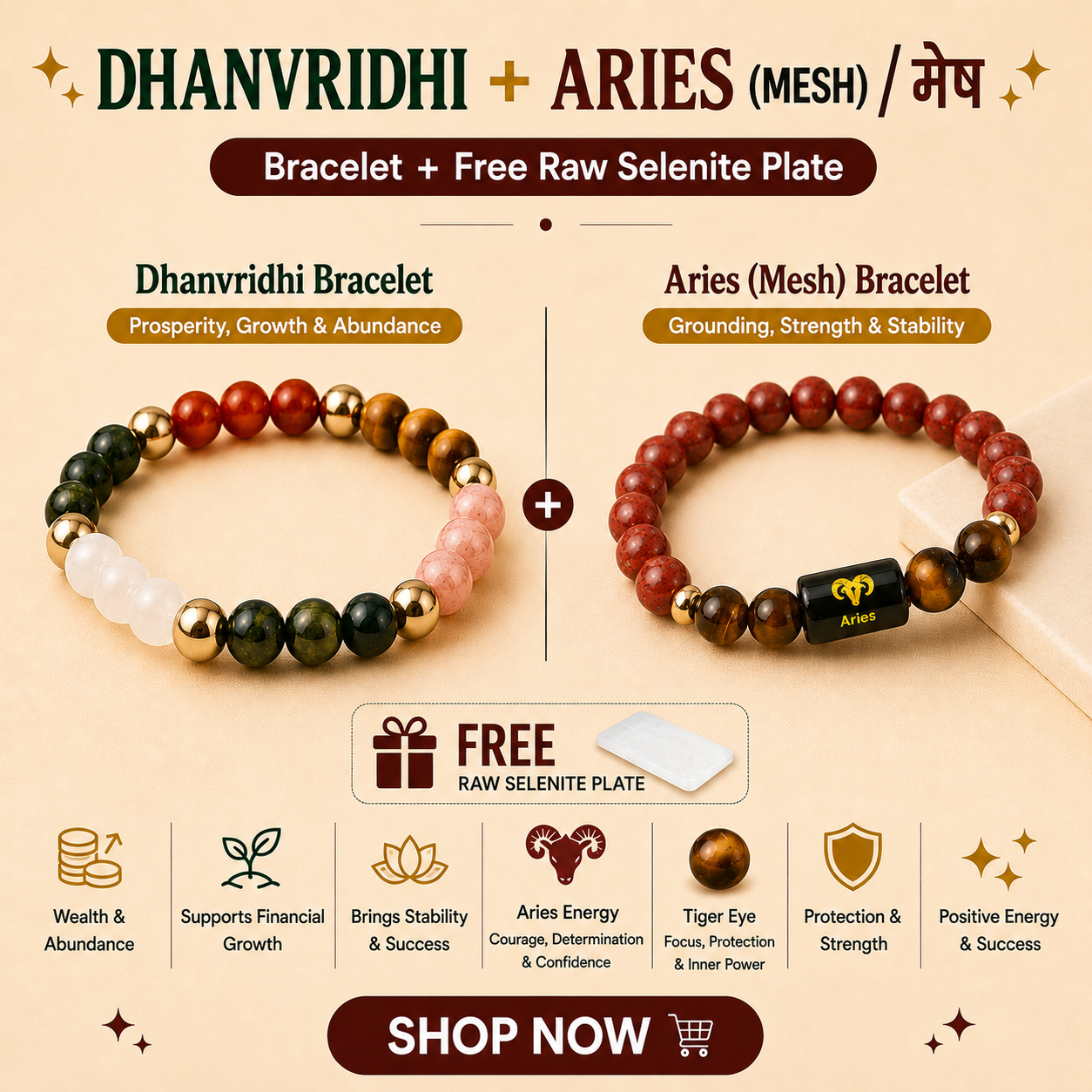 Aries (मेष राशि) Zodiac & DhanVriddhi Combo Bracelet