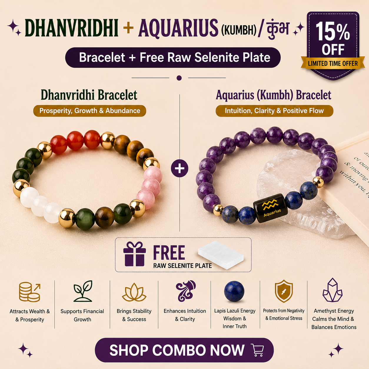 Aquarius (कुंभ राशि) Zodiac & DhanVriddhi Combo Bracelet