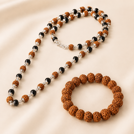 Divya Raksha Rudraksha & Karungali Mala with FREE 7 Mukhi Rudraksha Bracelet