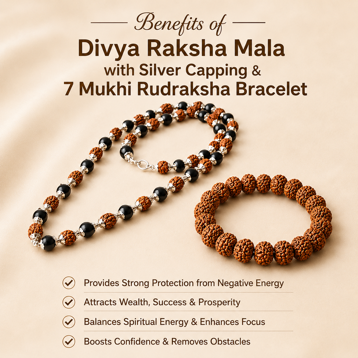 Divya Raksha Rudraksha & Karungali Mala with FREE 7 Mukhi Rudraksha Bracelet