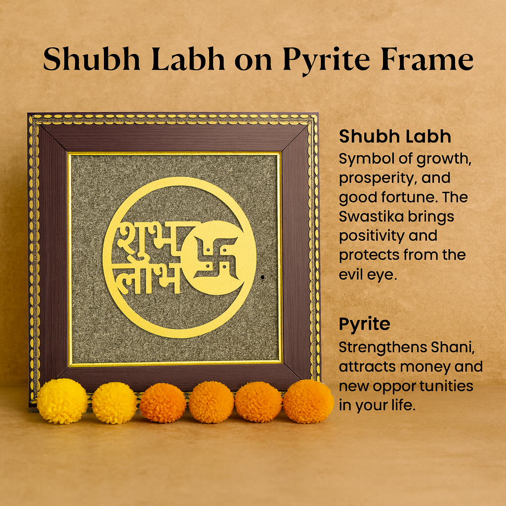 Decorative frame with 'Shubh Labh' symbol and pyrite stones on a brown background