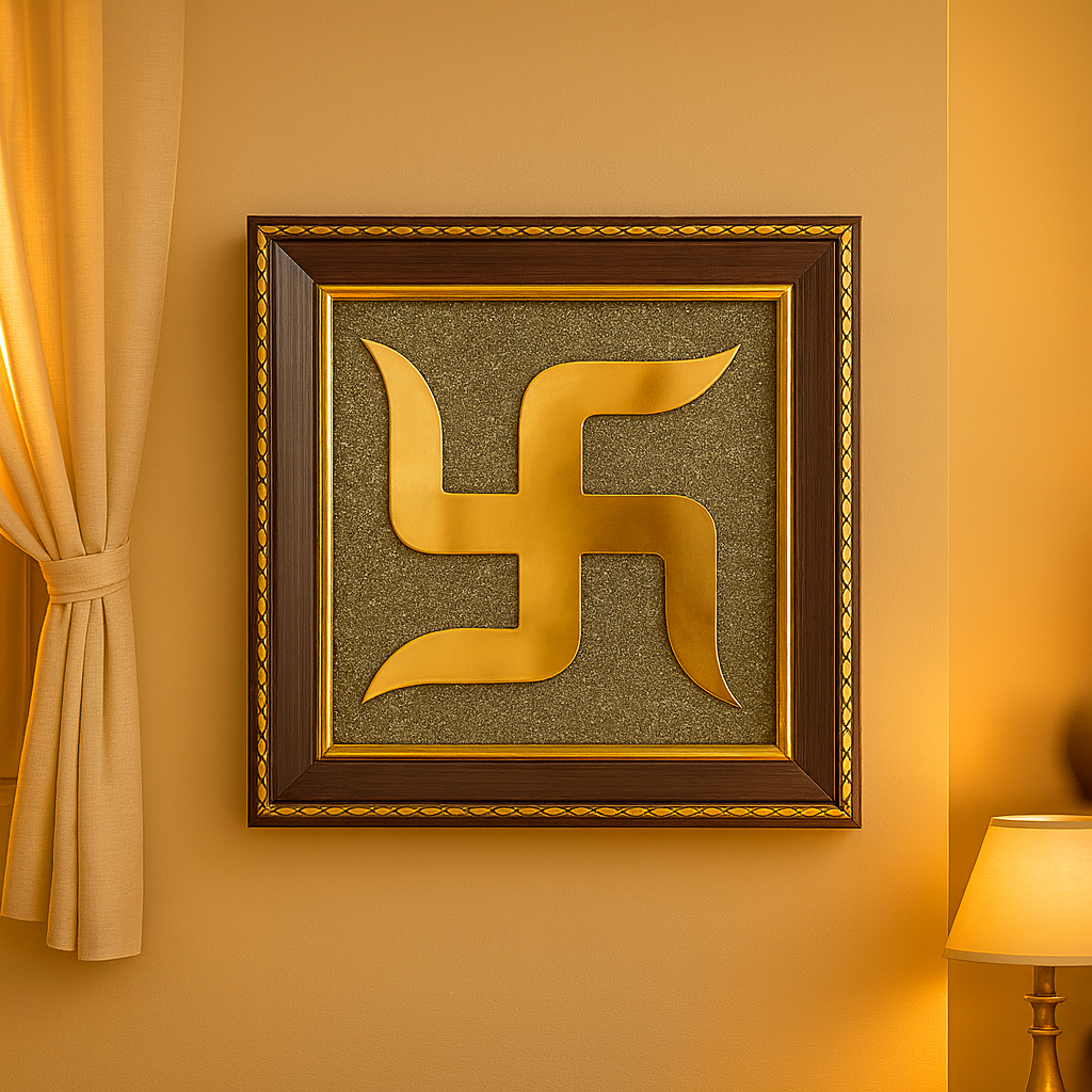 Gold swastika symbol in a wooden frame on a yellow wall.