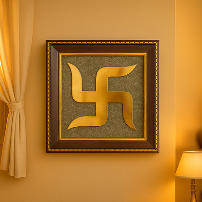 Gold swastika symbol in a wooden frame on a yellow wall.