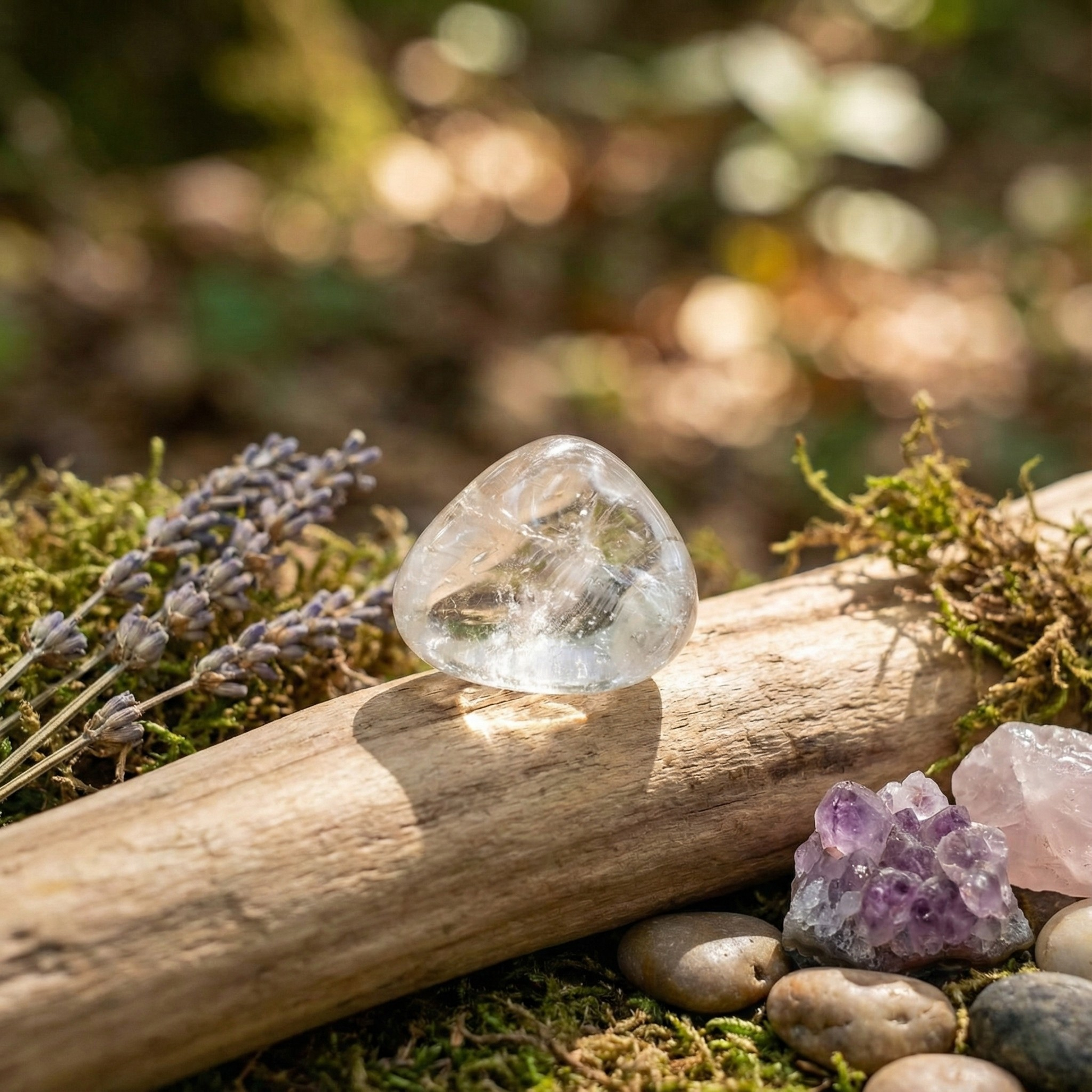 Polished Clear Quartz tumble stone on a white surface, known for clarity, energy cleansing, and healing amplification.