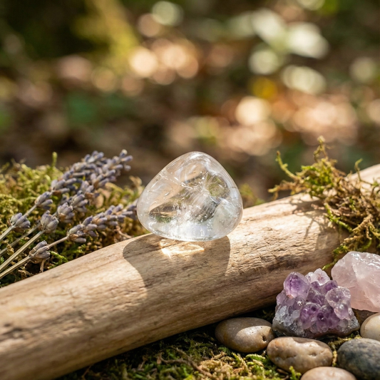 Polished Clear Quartz tumble stone on a white surface, known for clarity, energy cleansing, and healing amplification.