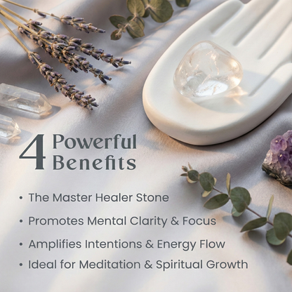 Polished Clear Quartz tumble stone on a white surface, known for clarity, energy cleansing, and healing amplification.