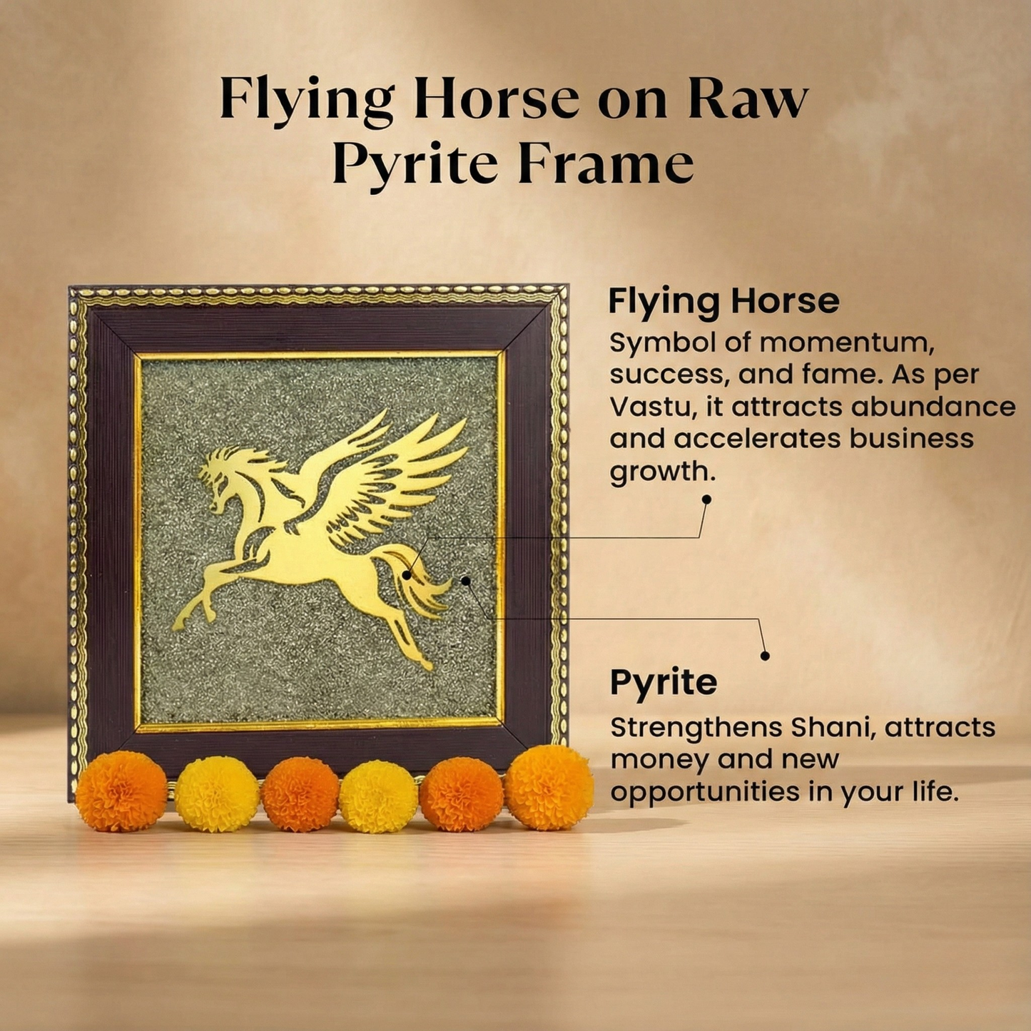 Decorative item with a flying horse on a raw pyrite frame, featuring text about its symbolism and properties.