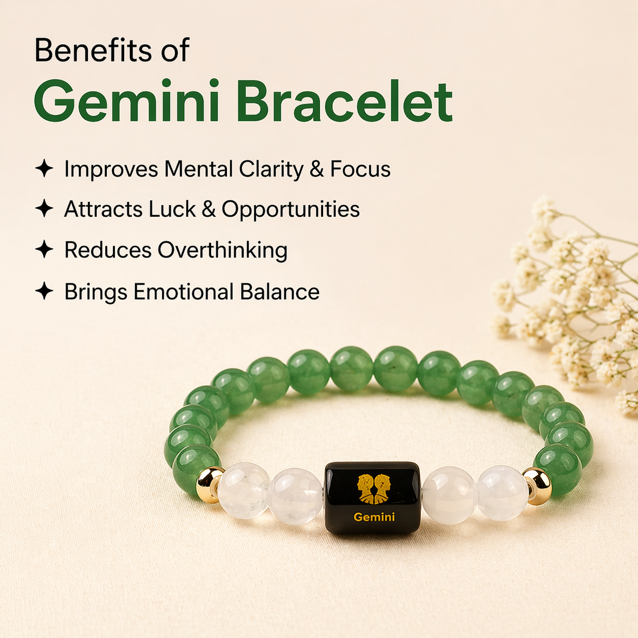 Gemini (मिथुन राशि) Zodiac Green Aventurine & Milky Quartz Bracelet