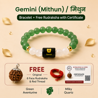 Gemini (मिथुन राशि) Zodiac Green Aventurine & Milky Quartz Bracelet With Free Rudraksha