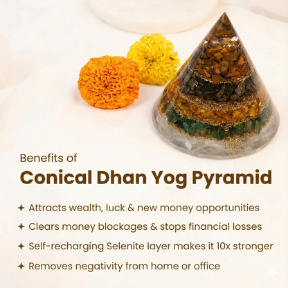 Conical Dhan Yog Pyramid With Selenite Base