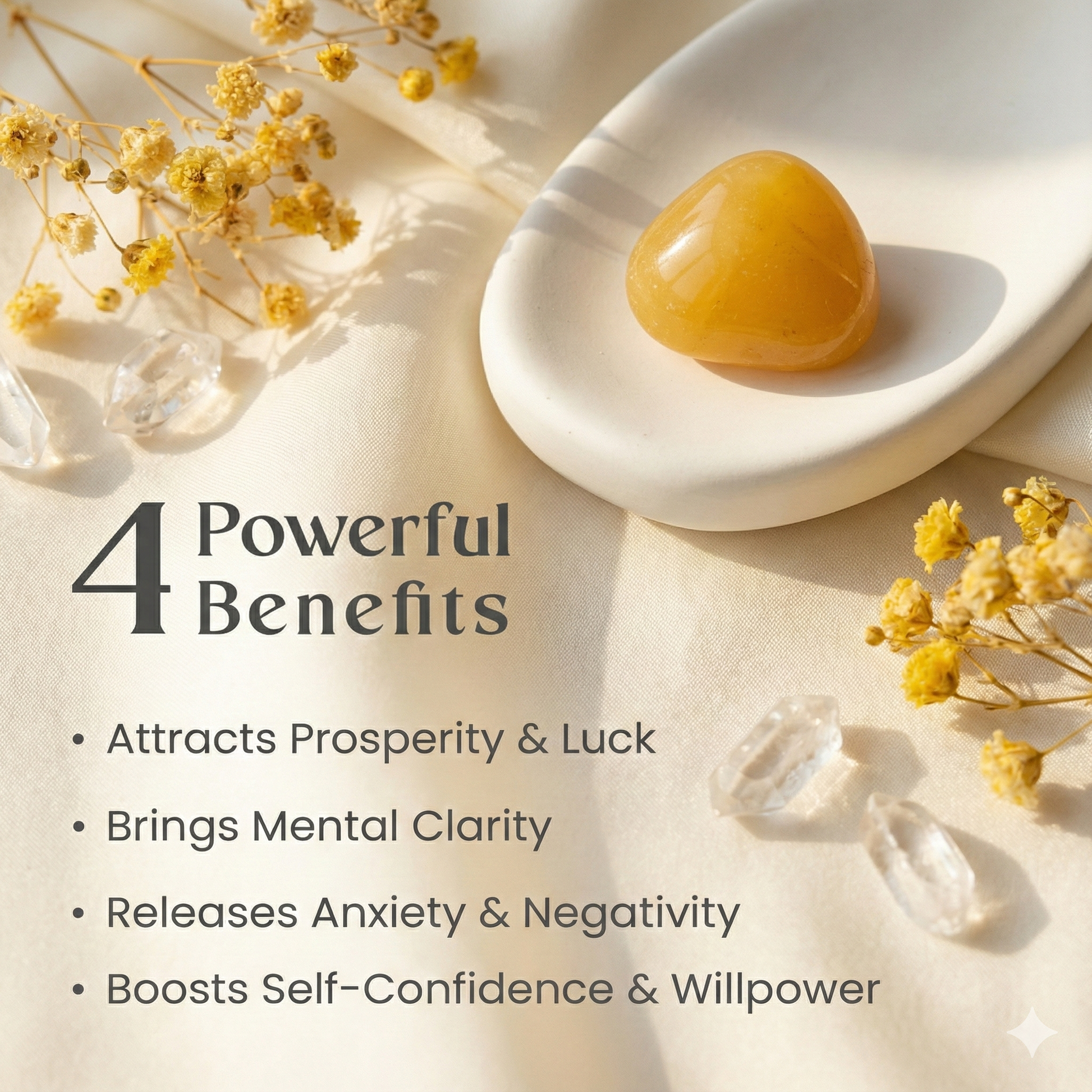 Polished Yellow Aventurine tumble stone on a white surface, known for confidence, motivation, and positive energy.