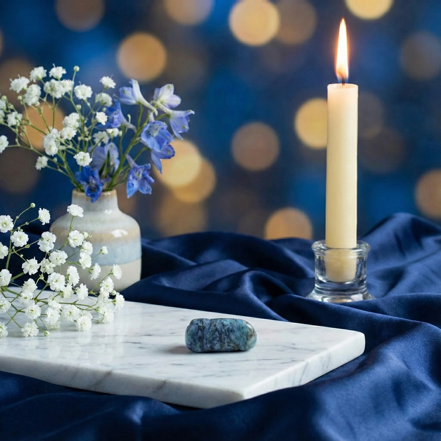 Natural polished Lapis Lazuli tumble stone with golden Pyrite inclusions for wisdom, intuition, and truth.