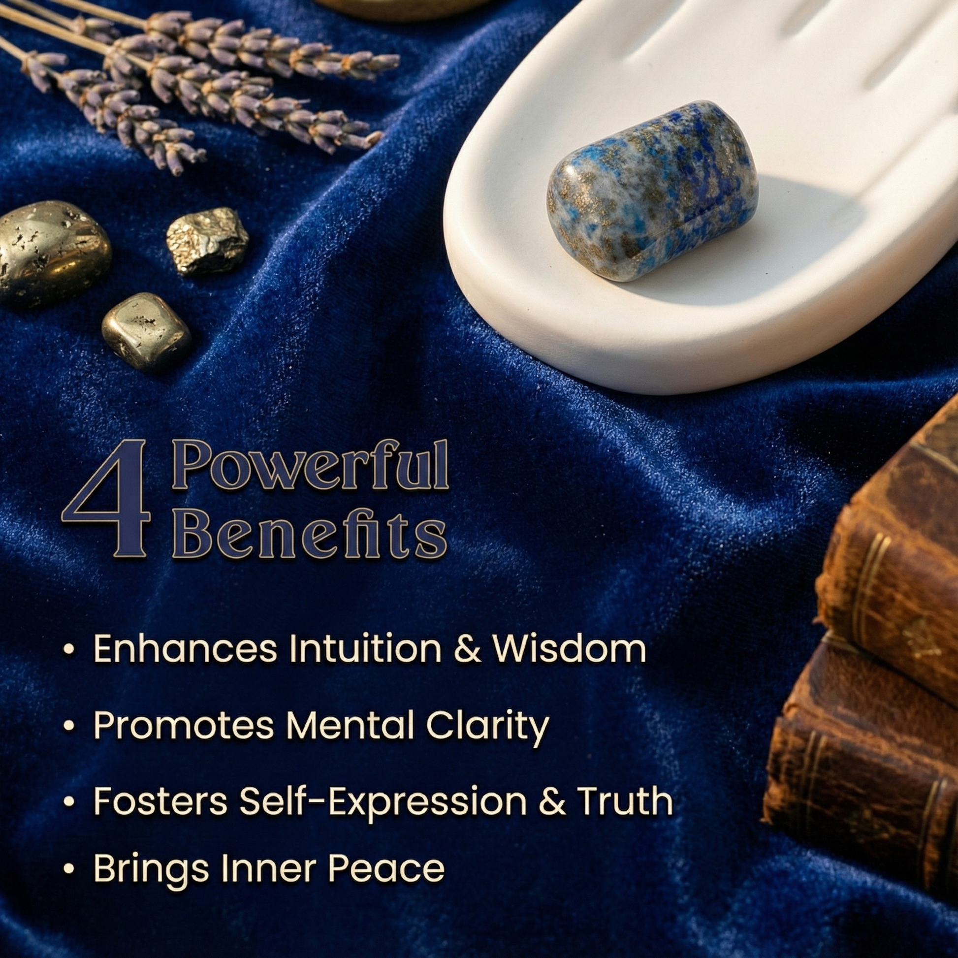Natural polished Lapis Lazuli tumble stone with golden Pyrite inclusions for wisdom, intuition, and truth.