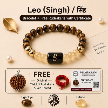Leo (सिंह राशि) Zodiac Tiger Eye & Citrine Bracelet with Free 7 Mukhi Rudraksha