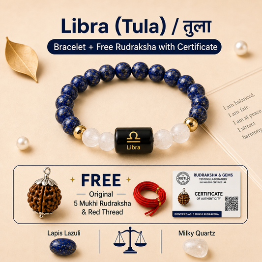 Libra (तुला राशि) Zodiac LapisLazuli & Howlite Bracelet with Free Rudraksha