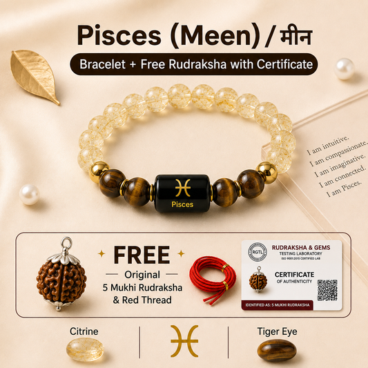 A Pisces zodiac-themed beaded bracelet with a central black cube featuring the Pisces symbol, displayed on a beige background with promotional text and a free Rudraksha gift offer.