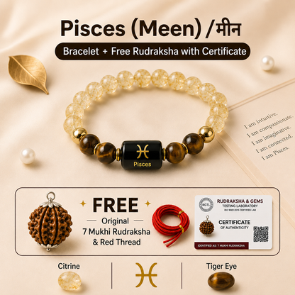 Pisces (मीन राशि) Zodiac Citrine & Tiger Eye Bracelet with Free 7 Mukhi Rudraksha