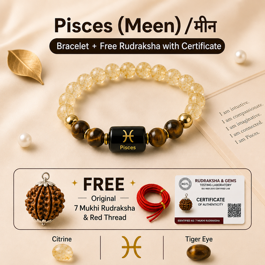 Pisces (मीन राशि) Zodiac Citrine & Tiger Eye Bracelet with Free 7 Mukhi Rudraksha