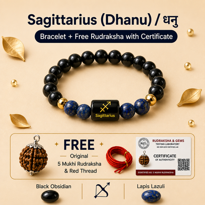 Sagittarius (धनु राशि) Zodiac Black Obsidian & Lapis Lazuli Bracelet with Free Rudraksha